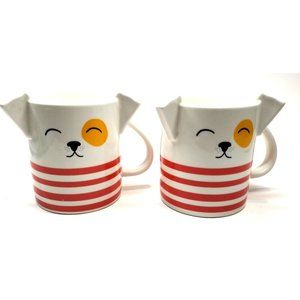 Set of 2 Parker Lane 16oz White Red Striped Stoneware Dog Mugs 4.25"